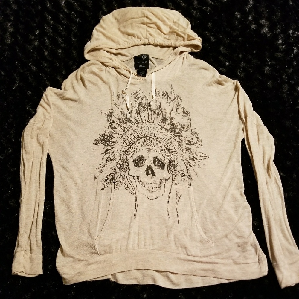 Sheer pullover hoodie with skull detail